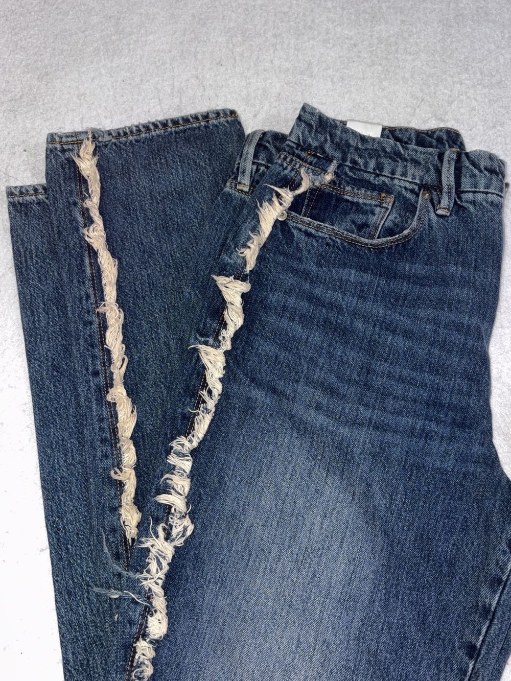 Good American Dark Blue Straight Leg Jeans with Frayed Side Seam
